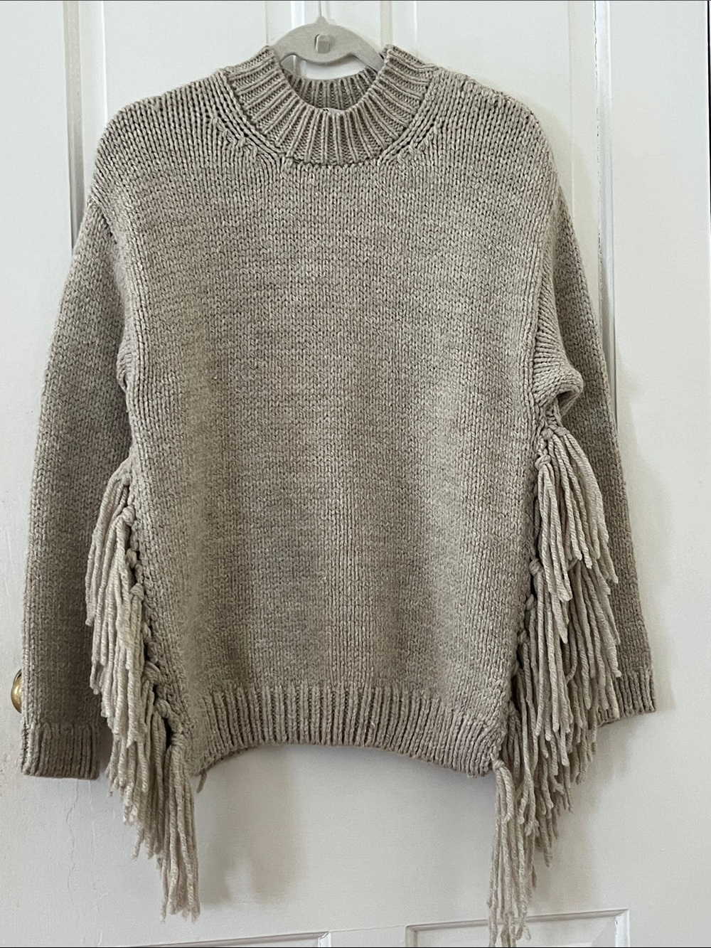 Zara Fringe Crewneck Sweater - Light Taupe